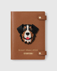 STICKYZOO Bernese Mountain Dog Notebook with hand-cut French Alran leather charm on camel genuine goatskin cover, gold snap closure