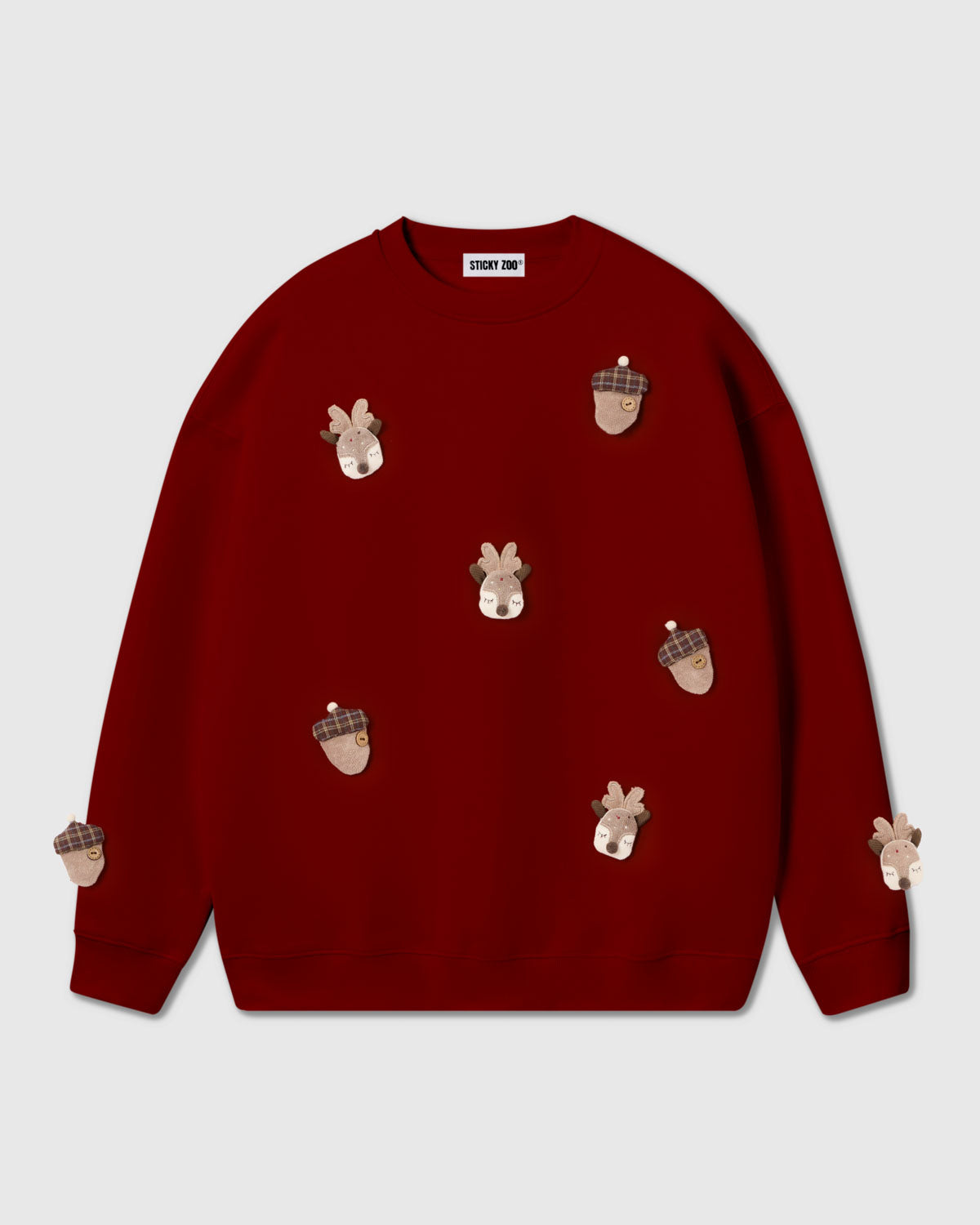 {{Built to last, not fade}} STICKYZOO Reindeer and Acorn Plush Sweatshirt in red colorway