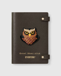 STICKYZOO Owl Notebook with hand-cut French Alran leather charm on dark brown genuine goatskin cover, gold snap closure