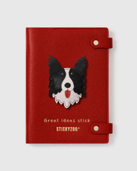 STICKYZOO Border Collie Notebook with hand-cut French Alran leather charm on red genuine goatskin cover, gold snap closure