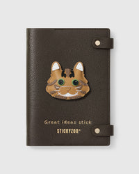 STICKYZOO Tabby Cat Notebook with hand-cut French Alran leather charm on dark brown genuine goatskin cover, gold snap closure