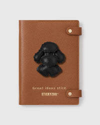 STICKYZOO Poodle Teddy Notebook with hand-cut black French Alran leather charm on camel genuine goatskin cover, gold snap closure