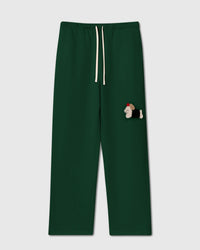 STICKYZOO Dachshund Apple Sweatpants in green with hand-stitched 3D plush dachshund and apple applique on left thigh