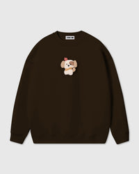 STICKYZOO CARDINAL PUPPY SWEATSHIRT in Brown featuring one hand-stitched plush puppy appliqué, designed in Amsterdam