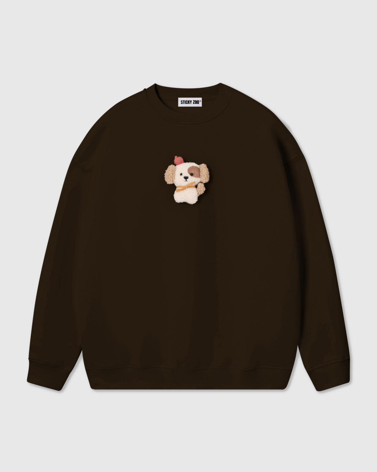 {{Plush puppy in brown}} STICKYZOO CARDINAL PUPPY SWEATSHIRT in Brown featuring one hand-stitched plush puppy appliqué, designed in Amsterdam