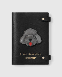STICKYZOO Poodle Notebook with hand-cut French Alran leather charm on black genuine goatskin cover, gold snap closure