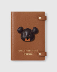 STICKYZOO Bear Notebook with hand-cut French Alran leather charm on camel genuine goatskin cover, gold snap closure