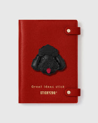 STICKYZOO Poodle Notebook with hand-cut black French Alran leather poodle face charm on red genuine goatskin cover, gold snap closure