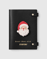 STICKYZOO Noël Santa Notebook with hand-cut French Alran leather charm on black genuine goatskin cover, gold snap closure