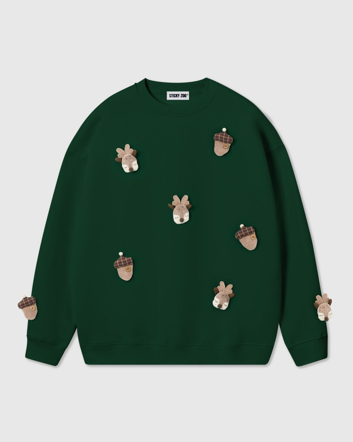 {{Machine wash safe}} STICKYZOO Reindeer and Acorn Plush Sweatshirt in forest green colorway