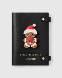 STICKYZOO Christmas Gingerbread Notebook with hand-cut French Alran leather charm on black genuine goatskin cover, gold snap closure
