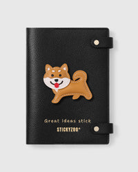 STICKYZOO Shiba Inu Notebook with hand-cut French Alran leather charm on black genuine goatskin cover, gold snap closure