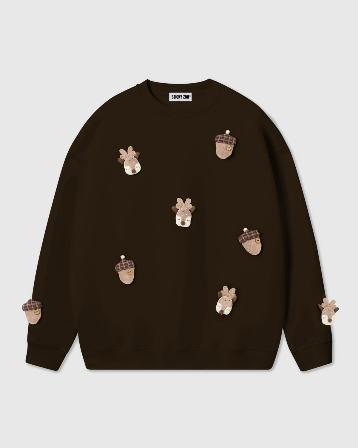 {{Unisex — S to XXL}} STICKYZOO Reindeer and Acorn Plush Sweatshirt in brown colorway