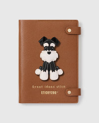STICKYZOO Urban Schnauzer Notebook with hand-layered French Alran leather charm on camel genuine goatskin cover, gold snap closure