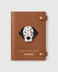 STICKYZOO Dalmatian Luxe Notebook with hand-cut French Alran leather charm on camel genuine goatskin cover, gold snap closure