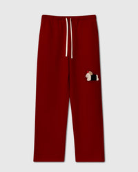 STICKYZOO Dachshund Apple Sweatpants in red with hand-stitched 3D plush dachshund and apple applique on left thigh