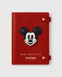 STICKYZOO Mickey Notebook with hand-cut French Alran leather charm on red genuine goatskin cover, gold snap closure