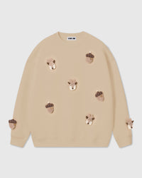 STICKYZOO REINDEER & ACORN PLUSH SWEATSHIRT in Cream featuring 7 hand-stitched plush reindeer & acorns, designed in Amsterdam