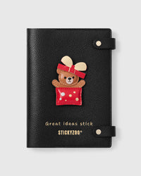 STICKYZOO Teddy Gift Box Notebook with hand-cut French Alran leather charm on black genuine goatskin cover, gold snap closure