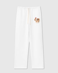 STICKYZOO CARDINAL PUPPY SWEATPANT in White featuring one hand-stitched plush puppy appliqué, designed in Amsterdam