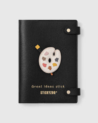 STICKYZOO Artist Palette Notebook with hand-cut French Alran leather charm on black genuine goatskin cover, gold snap closure