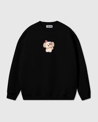 STICKYZOO Cardinal Puppy Sweatshirt in black with hand-stitched 3D plush puppy applique showing maximum contrast