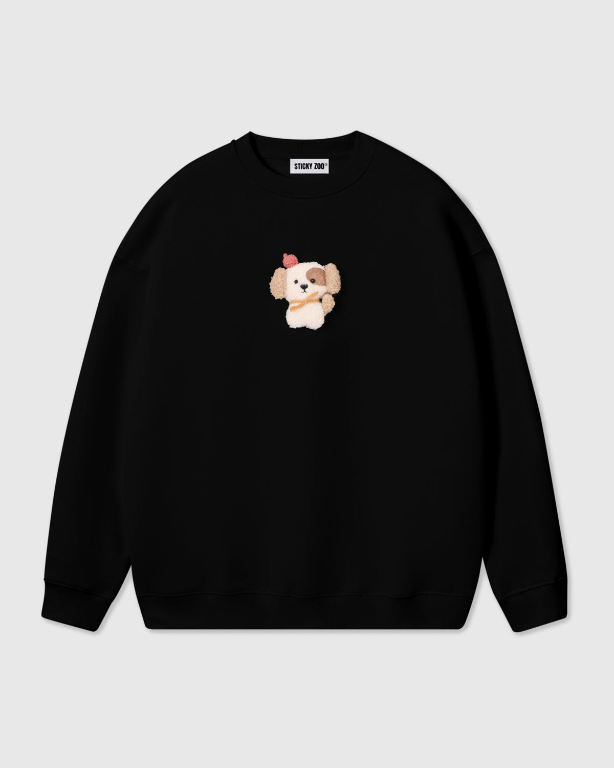 {{100% cotton, handmade}} STICKYZOO Cardinal Puppy Sweatshirt in black with hand-stitched 3D plush puppy applique showing maximum contrast