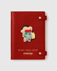 STICKYZOO Crayon Shinchan Notebook with handmade French Alran leather charm on red genuine goatskin cover, gold snap closure