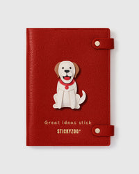 STICKYZOO Golden Retriever Notebook with hand-cut French Alran leather charm on red genuine goatskin cover, gold snap closure