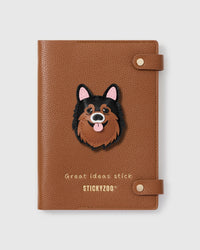 STICKYZOO Pomeranian Notebook with hand-cut French Alran leather charm on camel genuine goatskin cover, gold snap closure