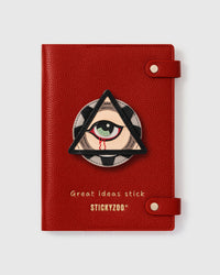 STICKYZOO All-Seeing Eye Notebook with hand-cut French Alran leather charm on red genuine goatskin cover, gold snap closure