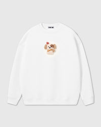 STICKYZOO CARDINAL PUPPY SWEATSHIRT in White featuring one hand-stitched plush puppy appliqué, designed in Amsterdam