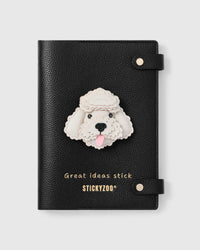 STICKYZOO Poodle Notebook with hand-cut French Alran leather charm on black genuine goatskin cover, gold snap closure