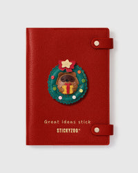 STICKYZOO Holiday Beaver Notebook with hand-cut French Alran leather charm on red genuine goatskin cover, gold snap closure