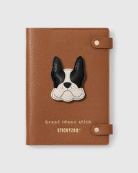 STICKYZOO French Bulldog Notebook with hand-cut French Alran leather charm on camel genuine goatskin cover, gold snap closure