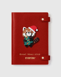 STICKYZOO Red Panda Holiday Notebook with hand-cut French Alran leather charm on red genuine goatskin cover, gold snap closure