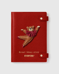 STICKYZOO Ballet Bear Notebook with hand-cut French Alran leather charm on red genuine goatskin cover, gold snap closure