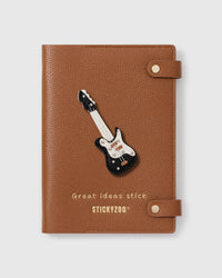 STICKYZOO Electric Guitar Notebook with hand-cut French Alran leather charm on camel genuine goatskin cover, gold snap closure