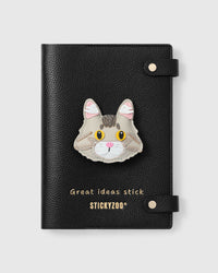 STICKYZOO Maine Coon Cat Notebook with hand-cut French Alran leather charm on black genuine goatskin cover, gold snap closure