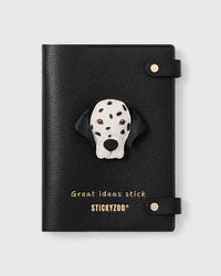 STICKYZOO Dalmatian Notebook with hand-cut French Alran leather charm on black genuine goatskin cover, gold snap closure