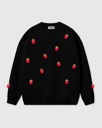 STICKYZOO Strawberry Sweatshirt in black with eleven hand-stitched 3D plush strawberry appliques scattered across front and sleeves