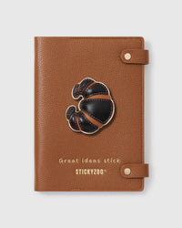 STICKYZOO Croissant Notebook with hand-cut French Alran leather charm on camel genuine goatskin cover, gold snap closure