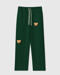 STICKYZOO Sticky Bear Sweatpant in forest green with two hand-stitched 3D plush teddy bear face appliques