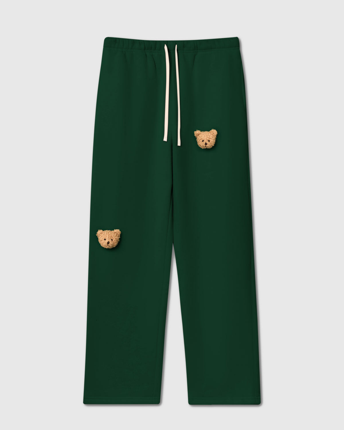 {{350gsm premium cotton}} STICKYZOO Sticky Bear Sweatpant in forest green with two hand-stitched 3D plush teddy bear face appliques