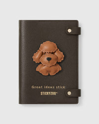 STICKYZOO Poodle Teddy Notebook with hand-cut French Alran leather charm on dark brown genuine goatskin cover, gold snap closure