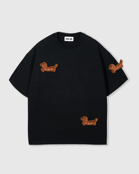 STICKYZOO Dash Dachshund T-Shirt in black with three hand-stitched 3D plush dachshund appliques