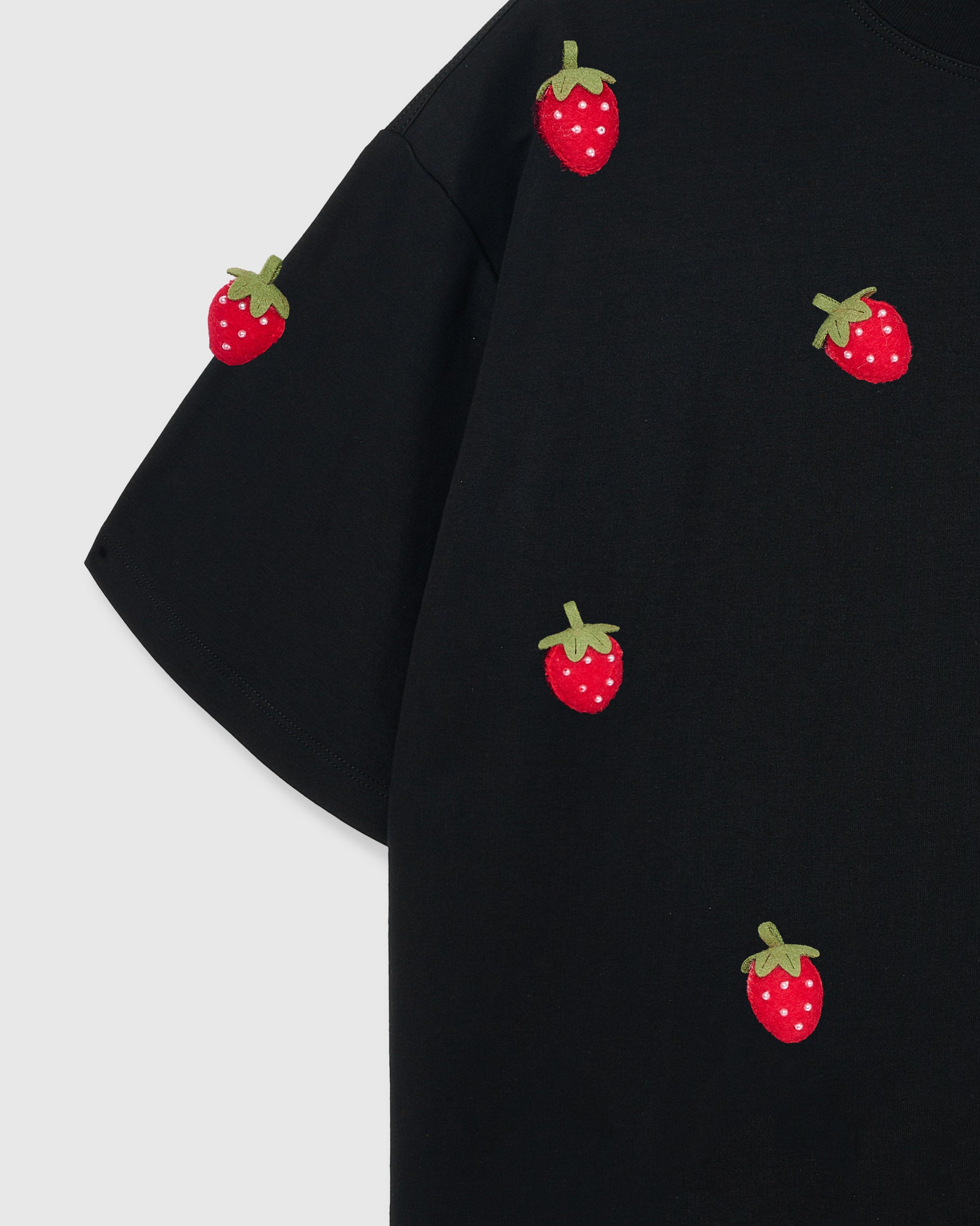 Handmade Plush Strawberry Tee · 230gsm Cotton, Black – STICKYZOO® Handmade Plush Strawberry Tee · 230gsm Cotton, Black – STICKYZOO®