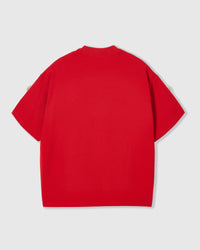 Back view of STICKYZOO red Bear T-Shirt showing boxy silhouette and bears peeking at sleeves