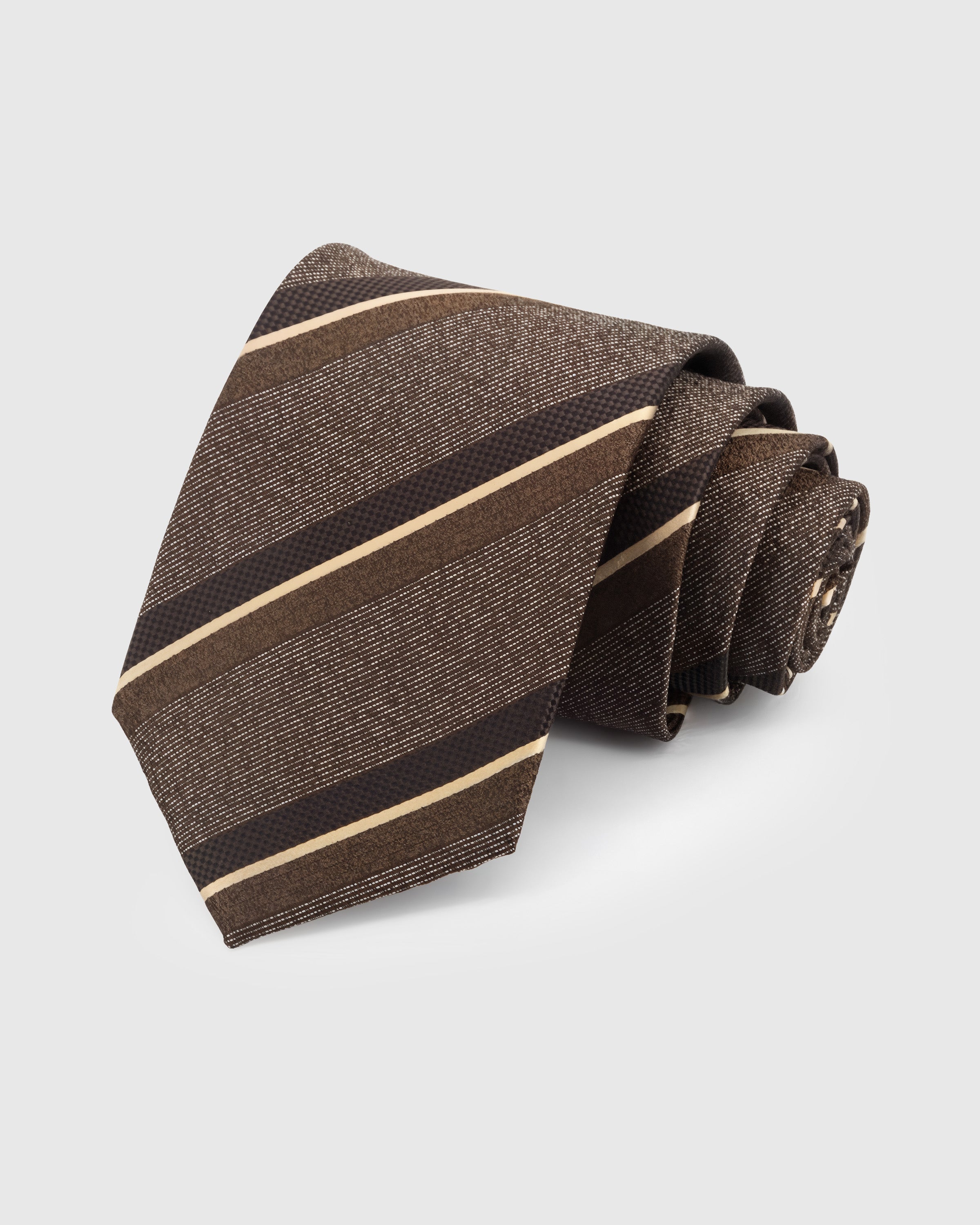 STICKYZOO Espresso Tonal Stripe Tie in hand-embroidered mulberry silk with gold tonal stripes on dark brown textured ground, 45° bias-cut