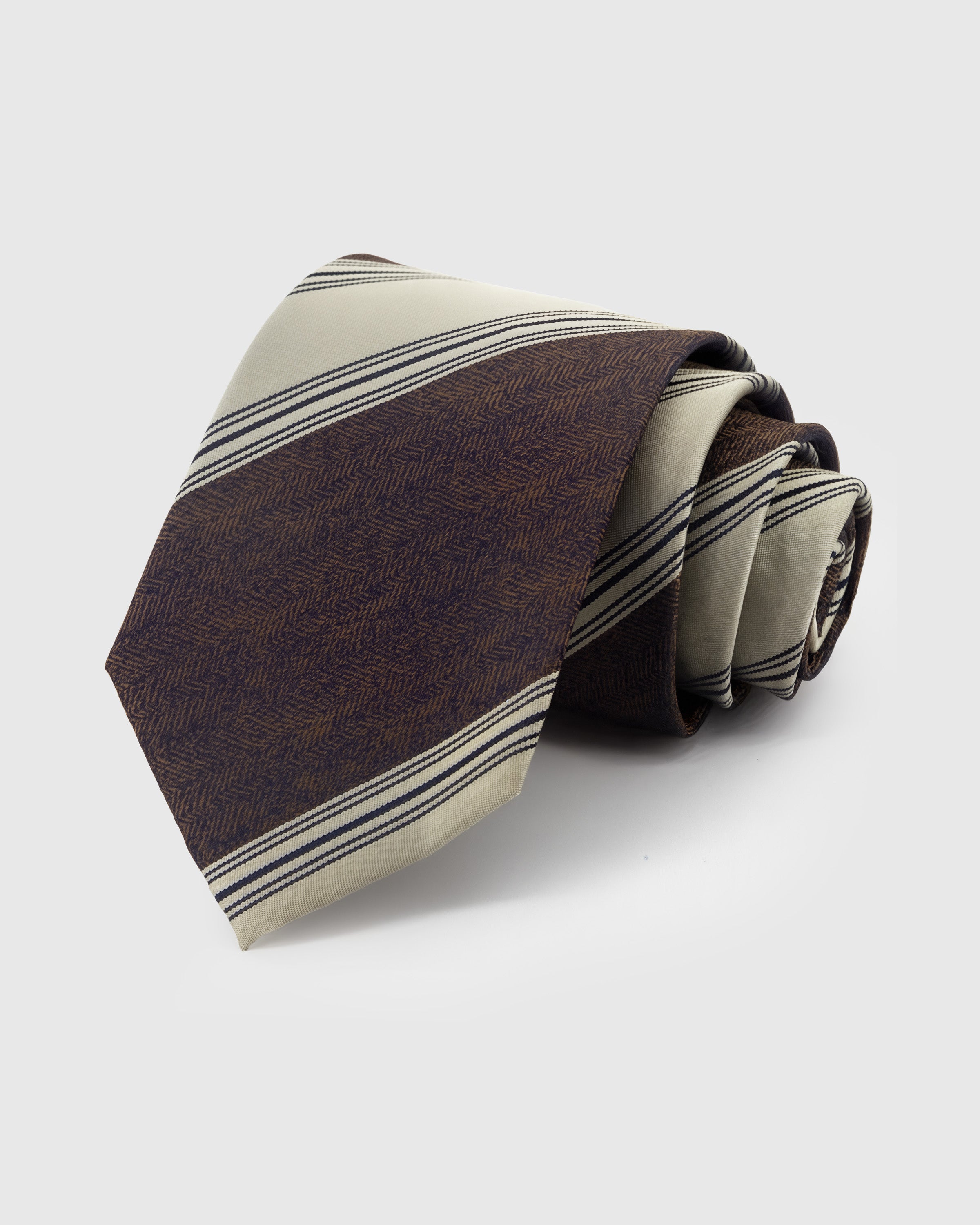 STICKYZOO Sage Heritage Tie in hand-embroidered mulberry silk with sage and chocolate diagonal heritage stripes, 45° bias-cut Italian method